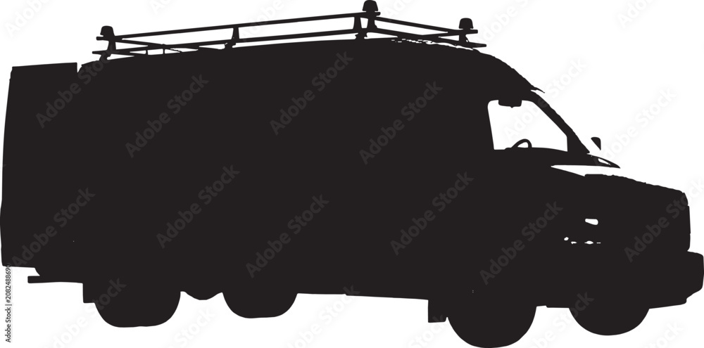 Fototapeta premium Black silhouette of a utility bucket truck with an extended aerial lift boom used for electrical repairs and maintenance work isolated on transparent background, Vector