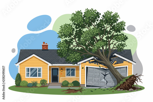 Yellow House with Large Fallen Tree Damage for Home Insurance Claim