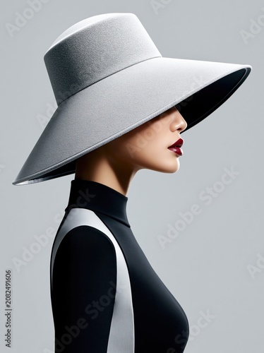 Elegant portrait of a fashionable woman wearing a wide brimmed hat