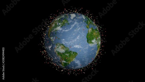 Many microorganisms circling planet Earth. Low microbe density. Planetary microbiome. Microbiome of Earth. 3d render illustration.
