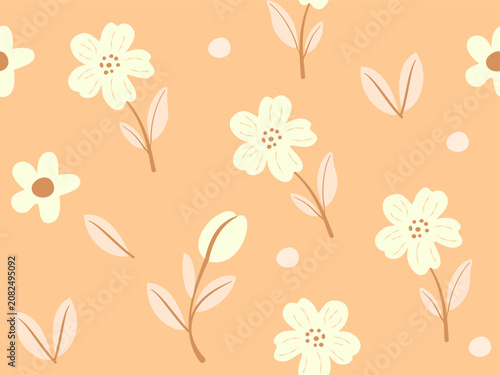 Spring Garden Delight: A charming pattern featuring delicate cream-colored flowers, budding stems, and subtle light brown accents scattered across a soft peach background.