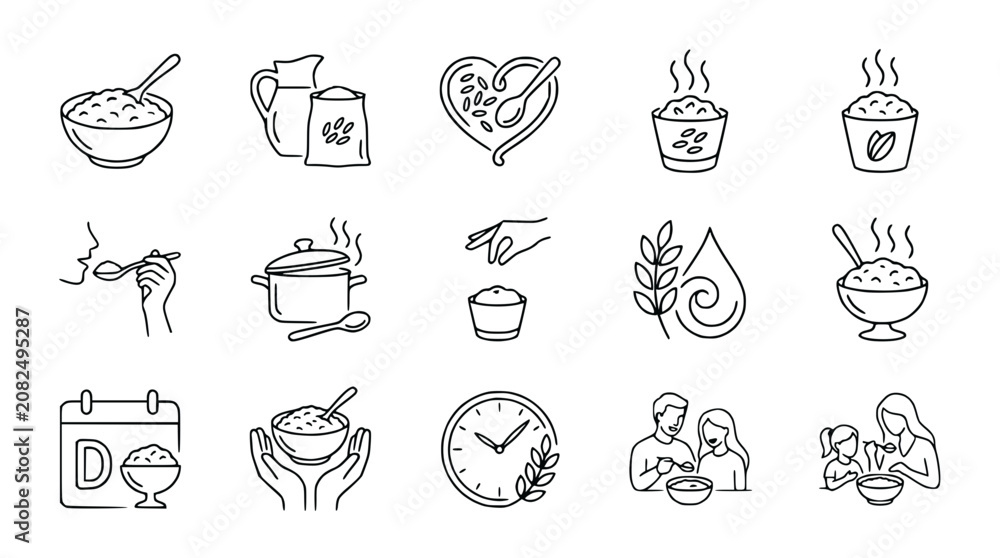 Fototapeta premium Healthy Rice Eating Icons Set: Cooking, Serving, Family Meal, Calendar, Spoonful, Pot, Heart Shape