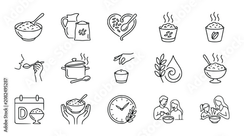 Healthy Rice Eating Icons Set: Cooking, Serving, Family Meal, Calendar, Spoonful, Pot, Heart Shape