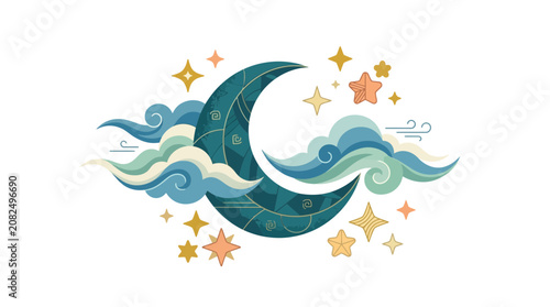 Ornate Celestial Crescent Moon with Swirling Clouds and Stars