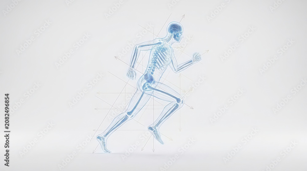 Fototapeta premium Abstract Human Skeleton Visualization Demonstrating Running Biomechanics and Motion Analysis