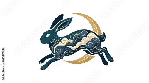 Ornamental jumping rabbit with celestial moon and cloud patterns