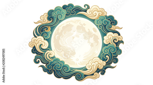 Full moon surrounded by traditional decorative swirling clouds