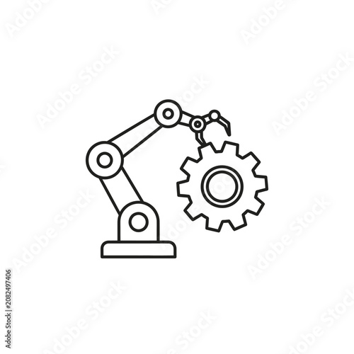Industrial robot arm and gear wheel line icon.
