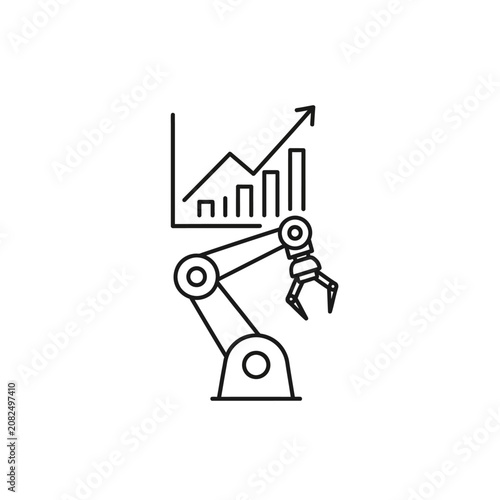 Industrial robot arm beside a rising data chart.