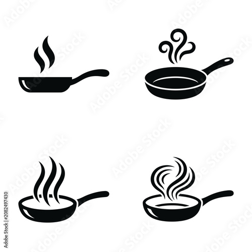 Black frying pan cooking icons set.