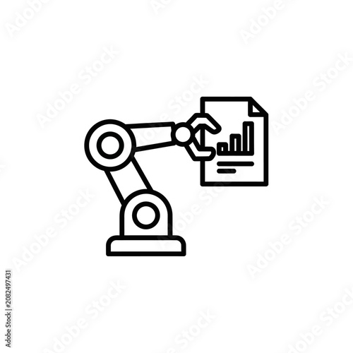 Industrial robot arm icon holding data chart document.