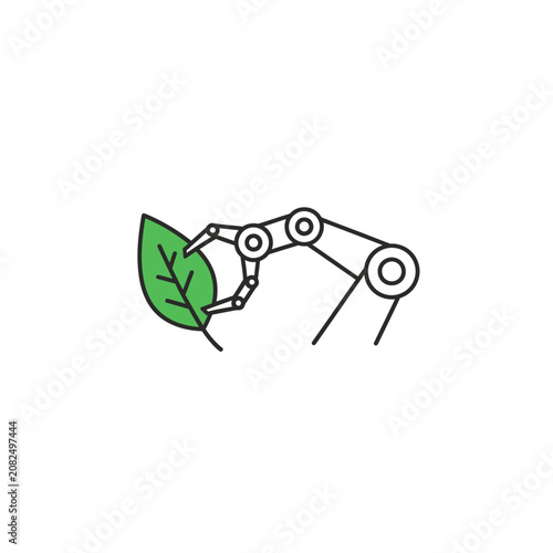 Industrial robotic arm holding a green plant leaf