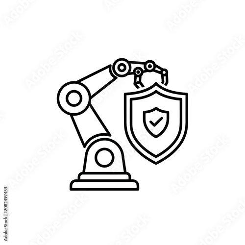 Industrial robot arm with verified safety shield icon