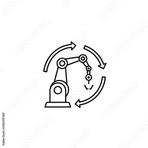 Industrial robotic arm icon with circular workflow arrows.