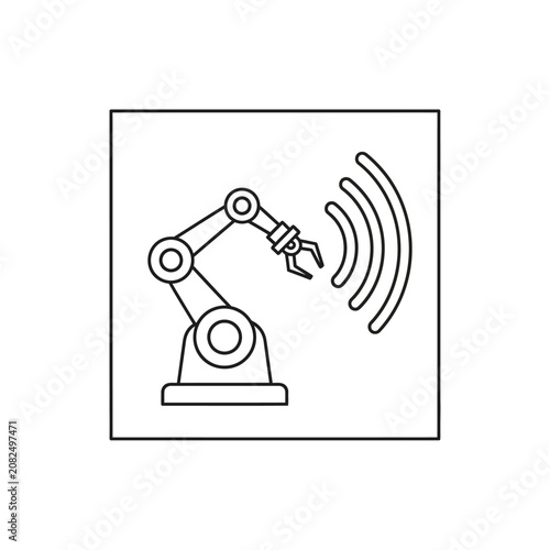 Industrial robotic arm icon with wireless connectivity signal waves.