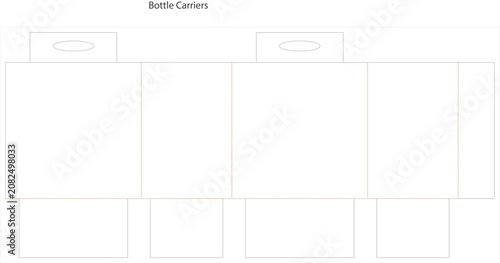 Template for folding and cutting cardboard bottle carriers with handles and slots shown