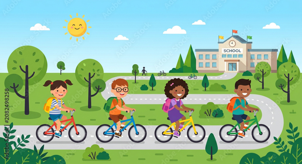Naklejka premium Kids riding bicycles, school background, colorful illustration, children cycling, outdoor fun