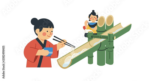 Traditional Japanese Bamboo Dolls and Chopsticks Illustration.