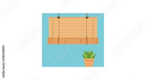 Closed wooden blinds with small potted plant indoors.
