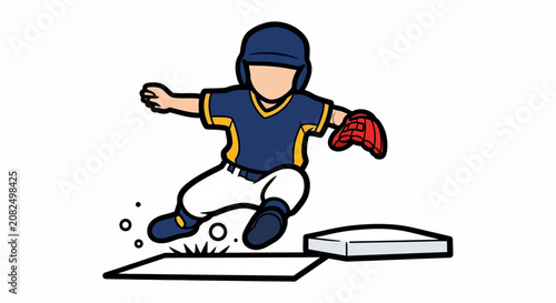 Baseball player sliding into base during game action.
