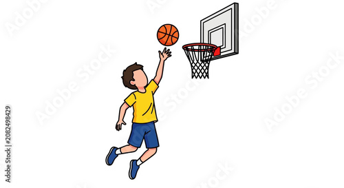 Young boy shooting basketball at hoop.