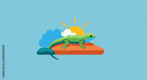 Colorful lizard basking under bright sun and clouds.
