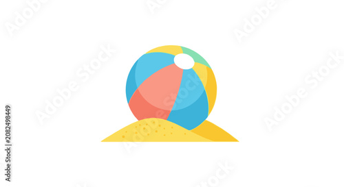 Colorful beach ball on sandy surface illustration.