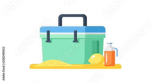 Green Cooler Box with Fresh Fruits and Drinks.