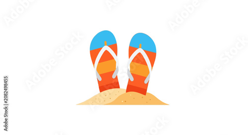 Colorful flip flops on sandy beach illustration.
