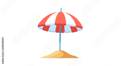 Colorful striped beach umbrella on sandy base.
