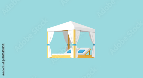 White canopy tent with wooden frame and blue chairs inside.