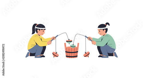 Two cartoon characters pulling a bucket with a pulley system.