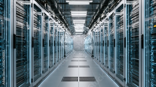 Shot of Corridor in Working Data Center Full of Rack Servers and Supercomputers with Internet connection Visualization Projection, technology, digital, futuristic, future,