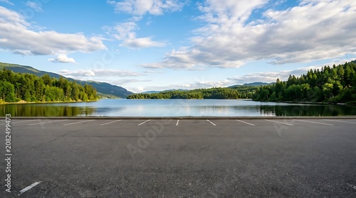 A wide angle view of an empty asphalt parking lot with white painted lines, overlooking a calm blue lake surrounded by dense green pine forest trees