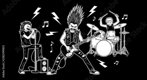 Punk rock band performing live, black and white line art on dark background