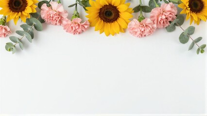 Sunflowers and pink carnations with eucalyptus on a white background.