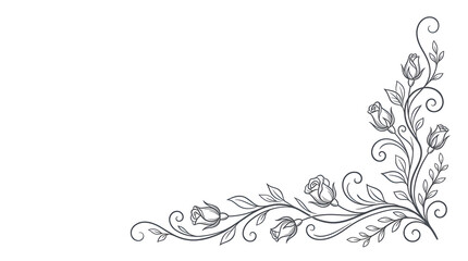 Decorative floral corner border with rose buds and swirling vines in a minimalist sketch style