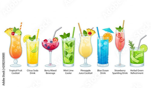 Modern Summer Cocktail Row Icon Set Fruit Drinks Glasses Beverage Vector Illustration White Background