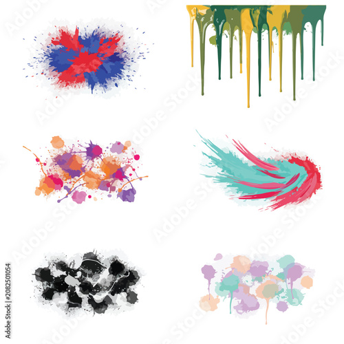 Paint splatter vector set with colorful ink drip and watercolor splash elements for design