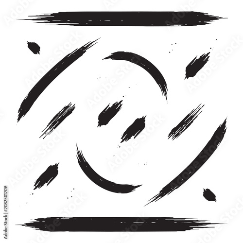 Hand drawn brush stroke vector set with circular swipe and leaf shape elements for design
