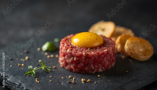 Fresh beef tartare served with raw egg yolk and toasted bread on slate board