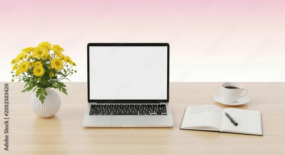 Fototapeta premium laptop on desk with flowers and coffee
