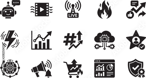 Digital Marketing and Technology Icon Set: AI Chatbot, Social Media Trends, Data Analytics, Cloud Computing, and E-commerce Growth Vector Glyph Symbols