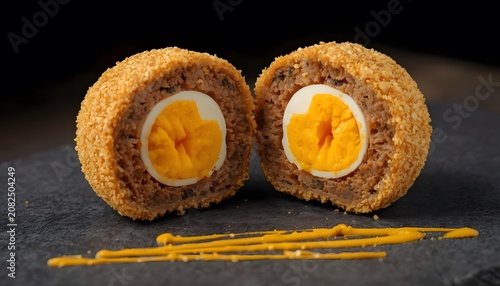 Cross-Section of a Scotch Egg Served with Mustard Sauce