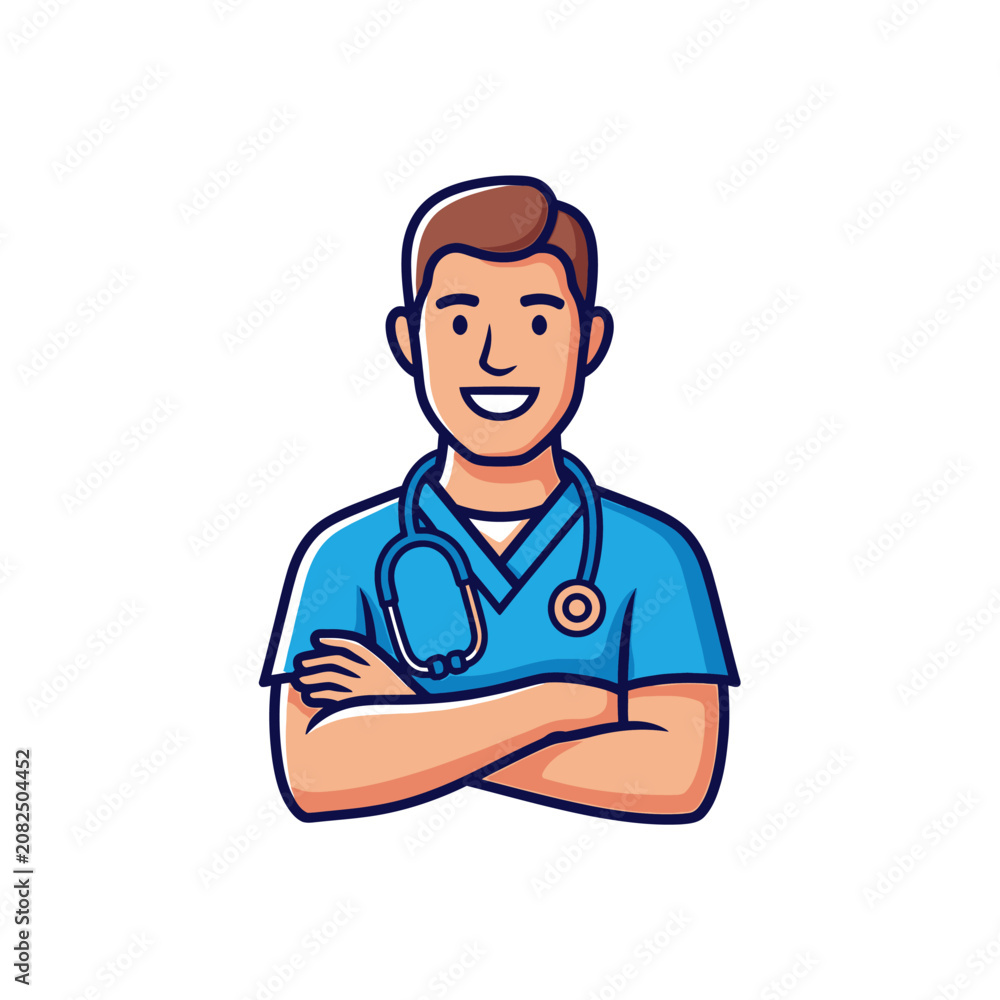 Fototapeta premium Friendly male doctor wearing blue scrubs and a stethoscope