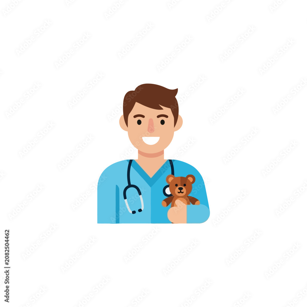 Fototapeta premium Friendly male pediatrician holding a teddy bear wearing scrubs