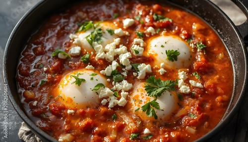 Traditional Shakshuka with Poached Eggs and Feta Cheese in a Skillet