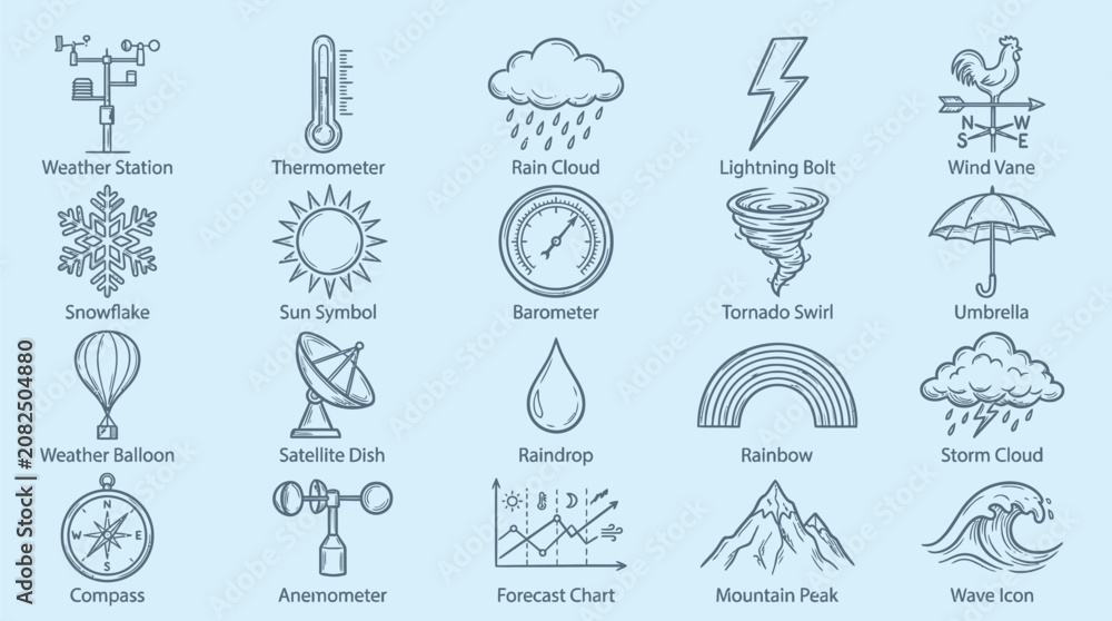 Naklejka premium Collection of weather-related icons and symbols, including a weather station, sun, rain cloud, lightning bolt, and compass.