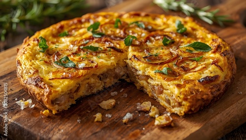 Homemade Savory Onion Quiche with Herbs on a Wooden Board