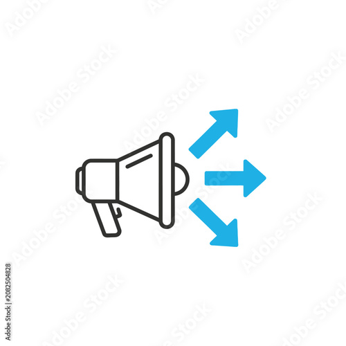 Megaphone outline icon with three blue arrows on white background